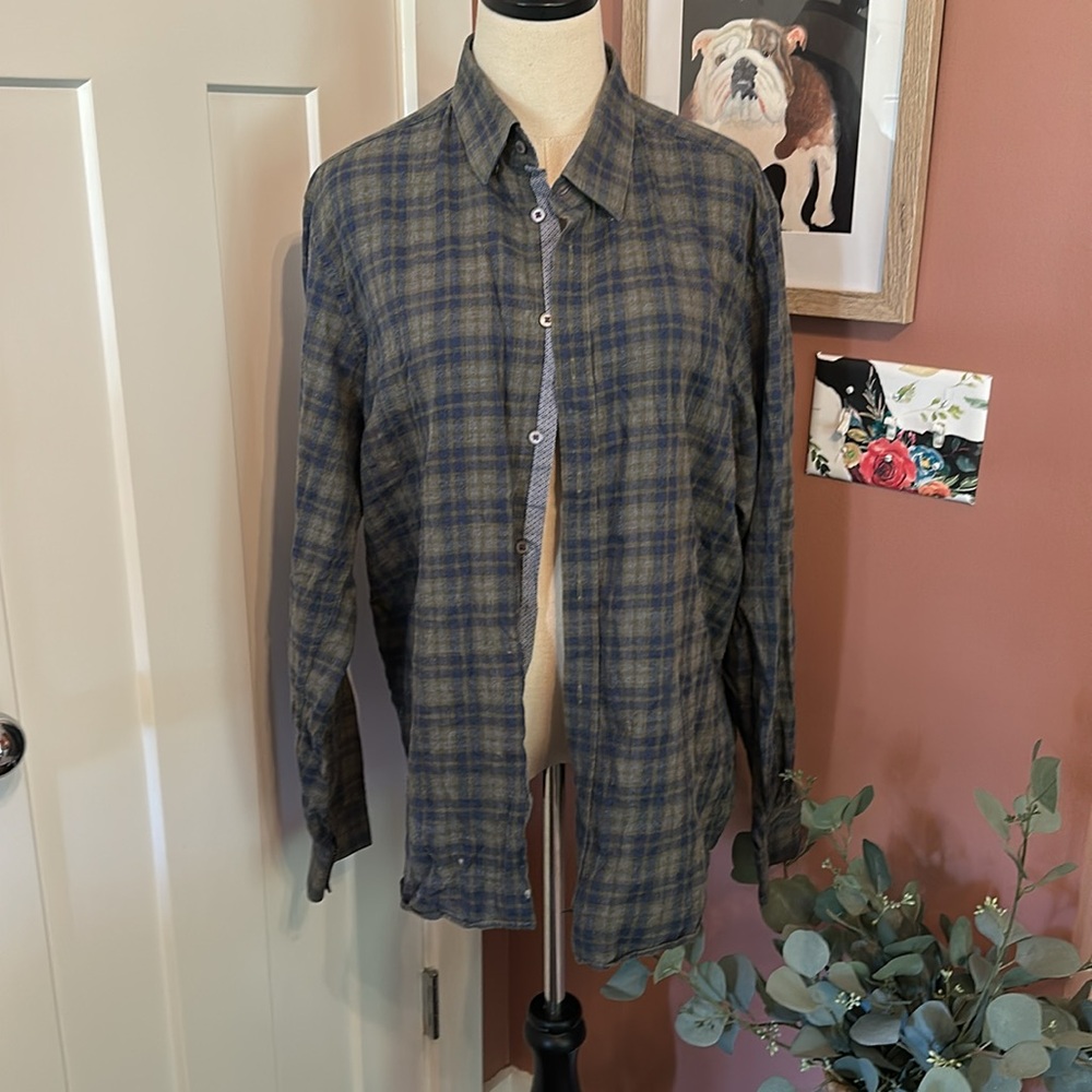 Ted Baker London Men's button down plaid cotton army green gray navy 6 shirt